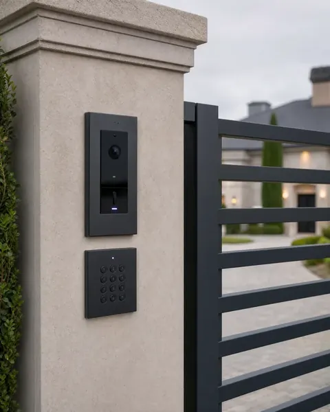 Integrated video intercom and keypad beside an aluminium entrance gate