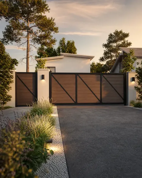 Warm composite-infill cantilever driveway gate with a dark frame