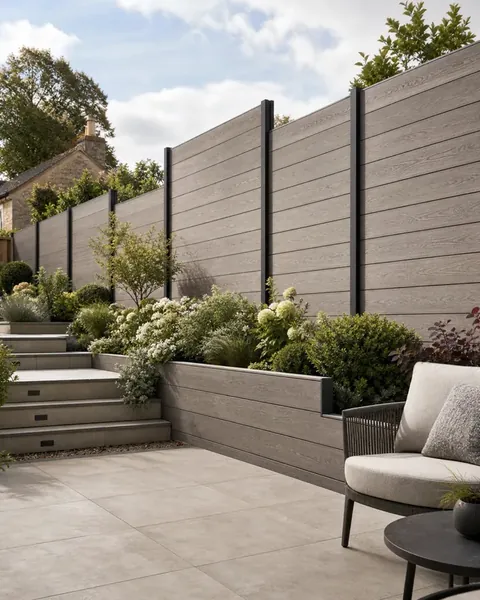 Warm-grey horizontal composite boundary following a garden level change