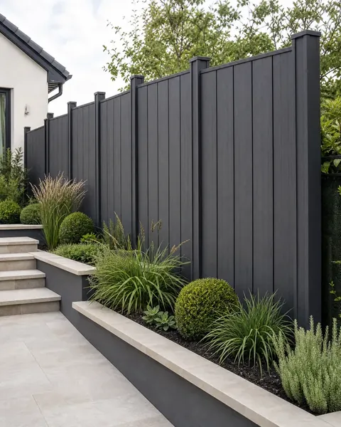 Tall graphite vertical composite boundary beside landscaped steps