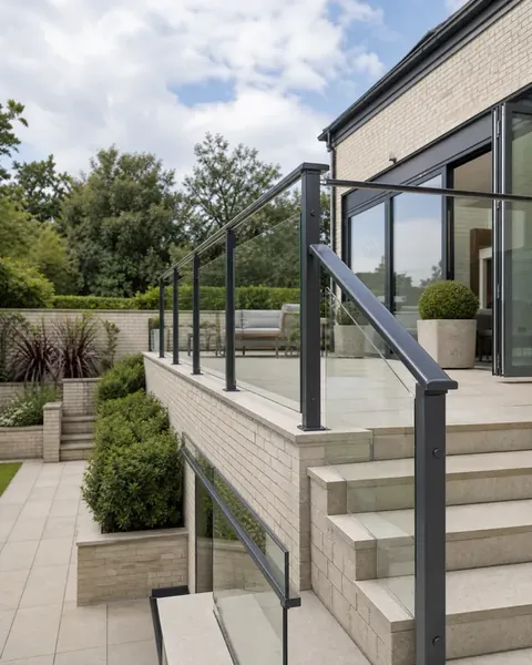Slim-post glass balustrade following a split-level terrace and steps