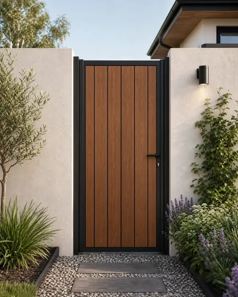 Warm composite privacy gate in a slim graphite frame