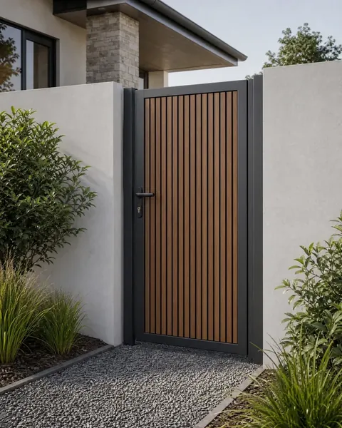 Graphite aluminium side gate with slim warm-toned vertical slats