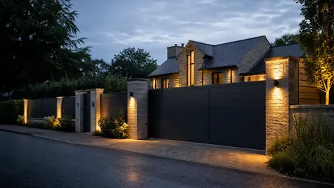Contemporary cantilever gate with a coordinated composite boundary