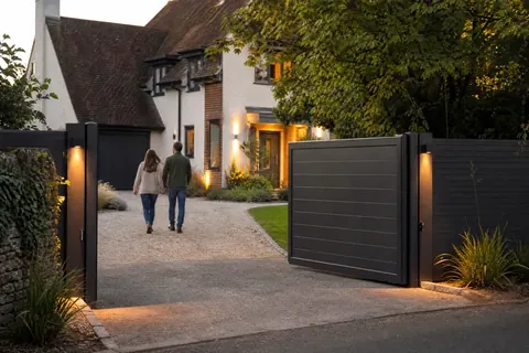 Homeowners returning through a contemporary gate at dusk