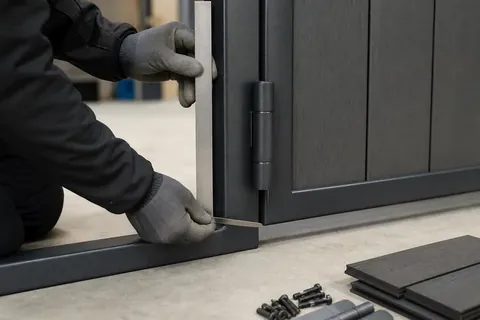 Composite gate frame, hinge and alignment detail during installation